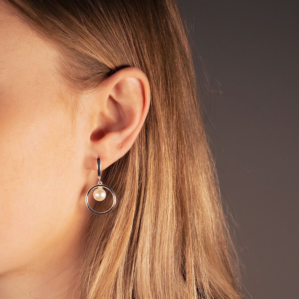 Silver & Freshwater Pearl Circle Drop Earrings
