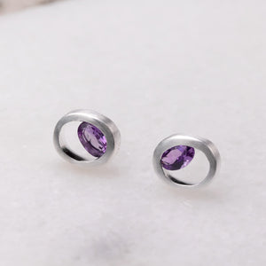 Silver Oval Studs with Amethyst