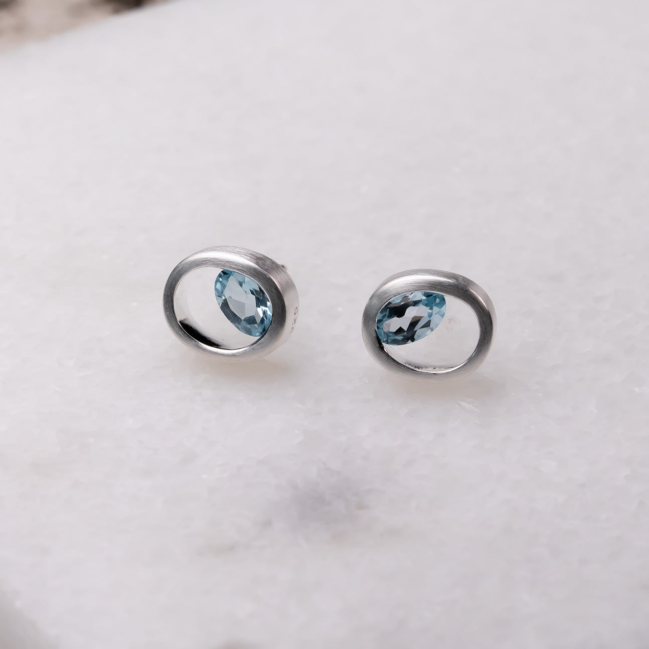 Silver Oval Studs with Blue Topaz
