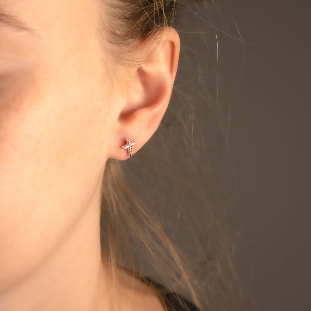 Simple Silver Pavé Cross Studs