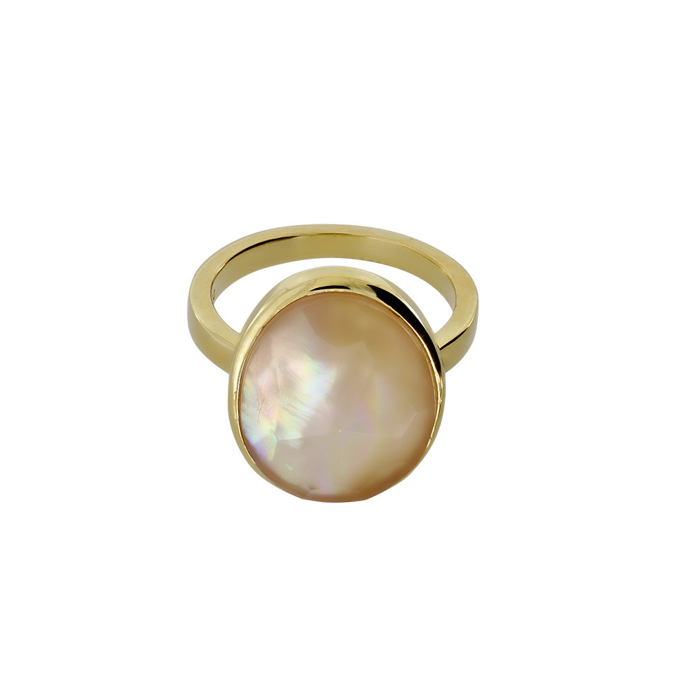 Yellow gold vermeil ring featuring a polished mother of pearl cabochon with a smooth bezel setting, showcasing a modern and elegant design.