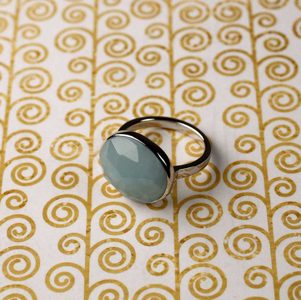 55Carat Natural Aqua Chalcedony Ring - Round Cut 925 Sterling Silver, Sizes 4-13