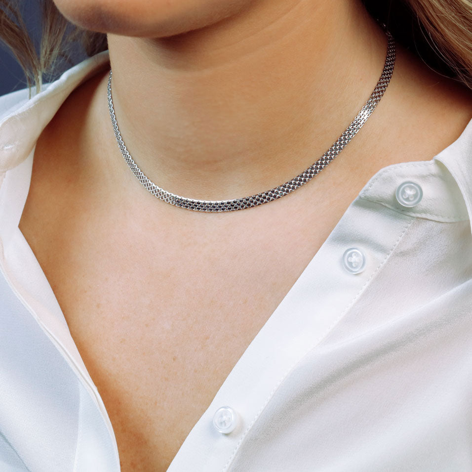 Silver Flat Box Chain Choker Necklace