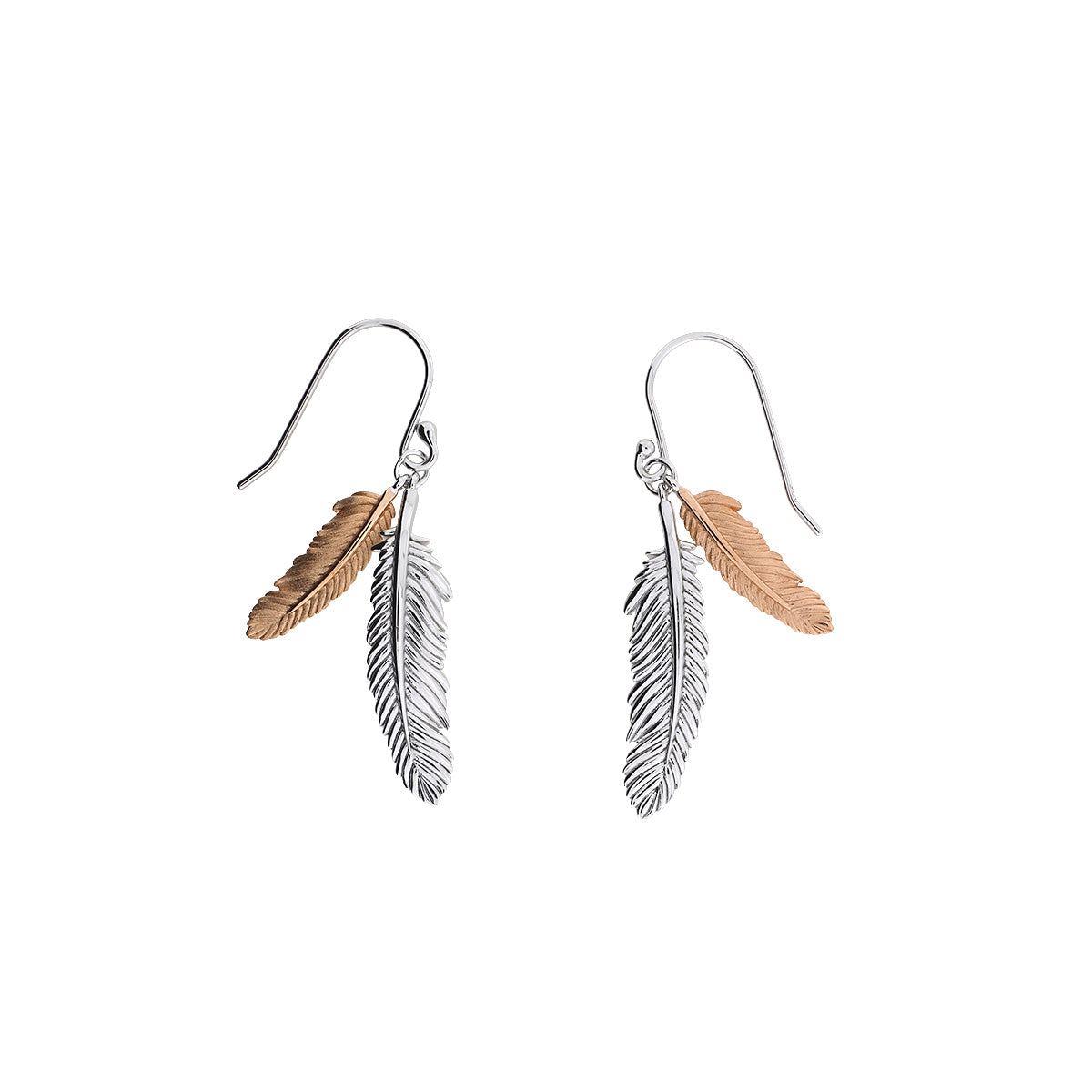Curving Double Feather Drop Earrings - Silver &amp; Rose Gold Vermeil