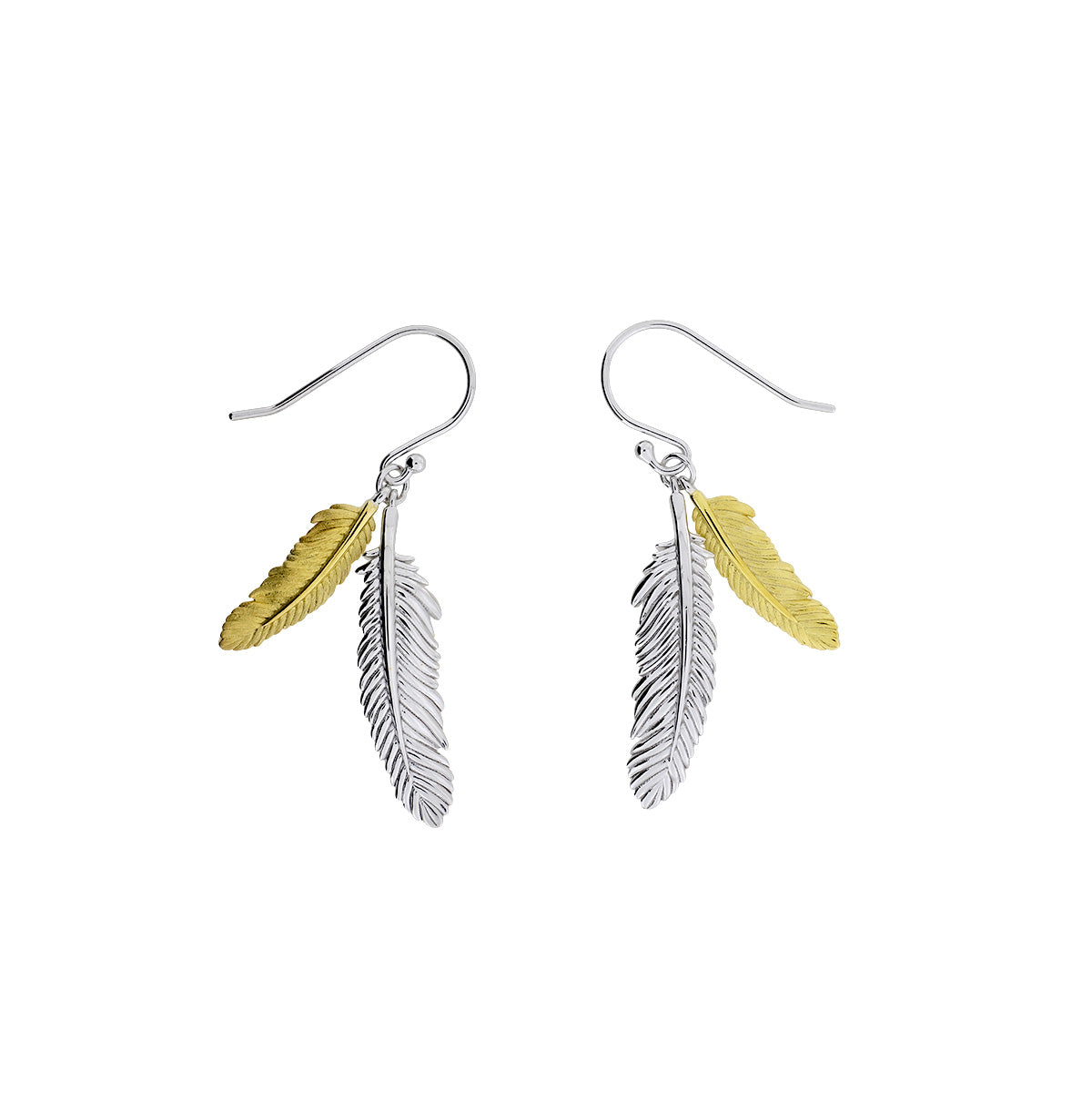 Curving Double Feather Drop Earrings - Silver &amp; Yellow Gold Vermeil