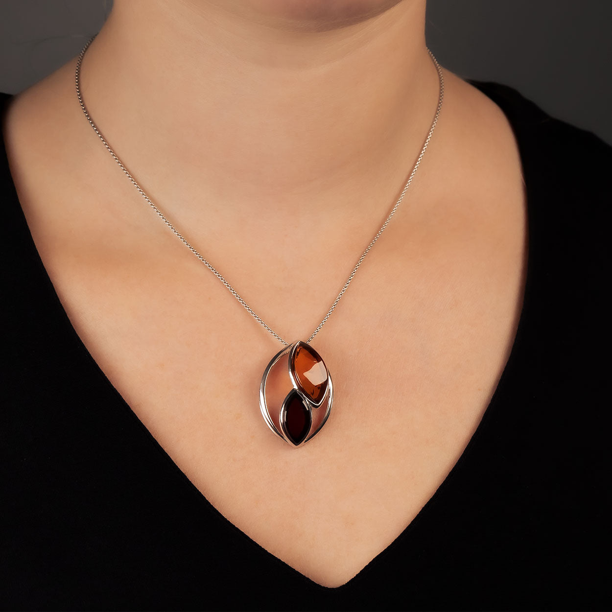 Silver Two-tone Marquise Amber Pendant