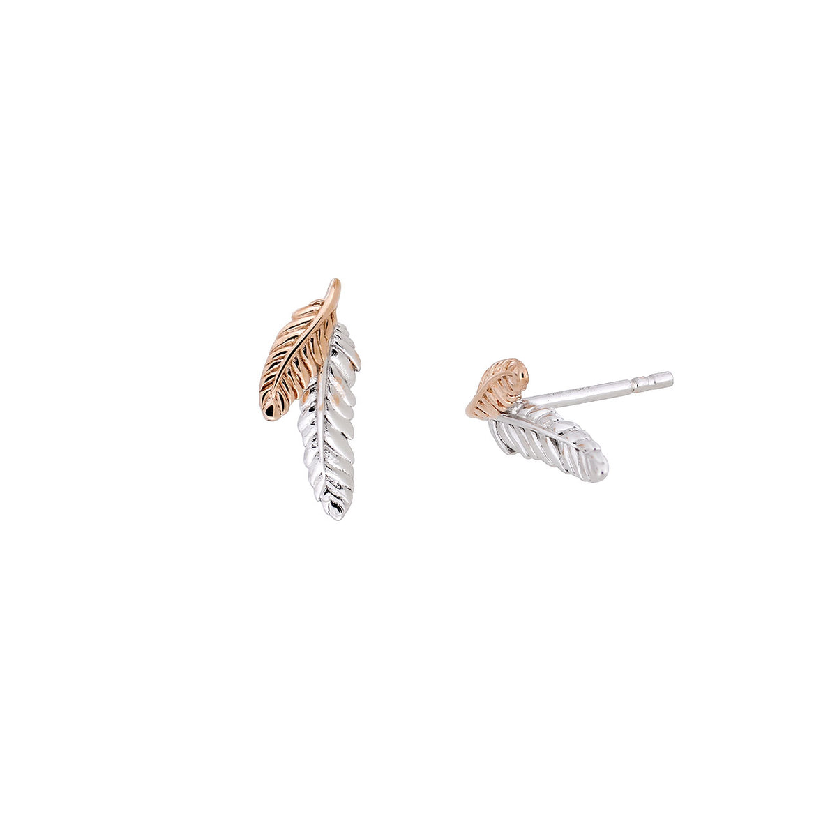 Curving Double Feather Stud Earrings - Silver &amp; Rose Gold Vermeil