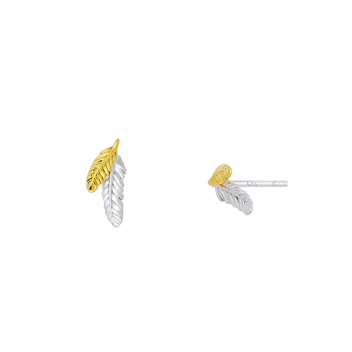 Curving Double Feather Stud Earrings - Silver &amp; Yellow Gold Vermeil