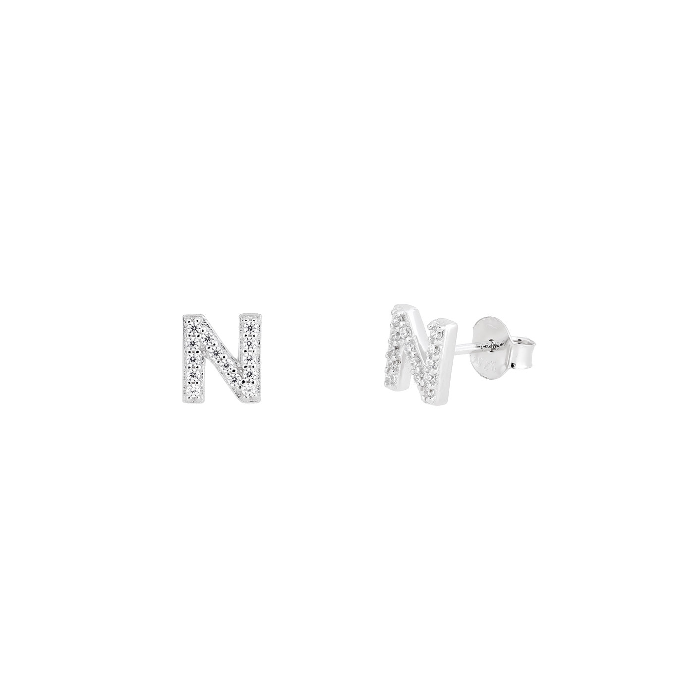 Pair of sterling silver pavé letter N stud earrings set with sparkling gemstones, designed for a refined and modern silver jewellery collection.