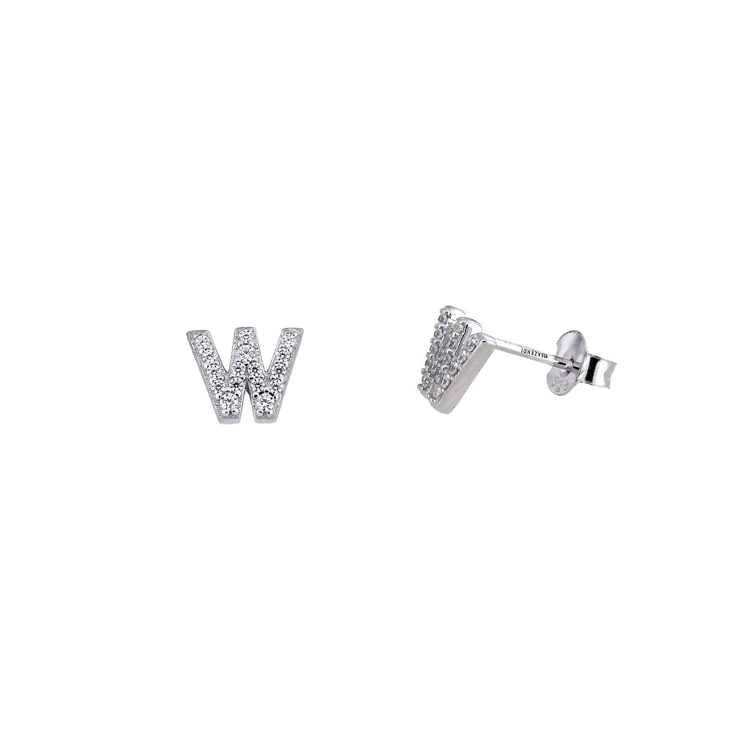 Pair of sterling silver stud earrings shaped as the letter W, encrusted with pavé-set stones for a subtle shimmer in a contemporary designer style.