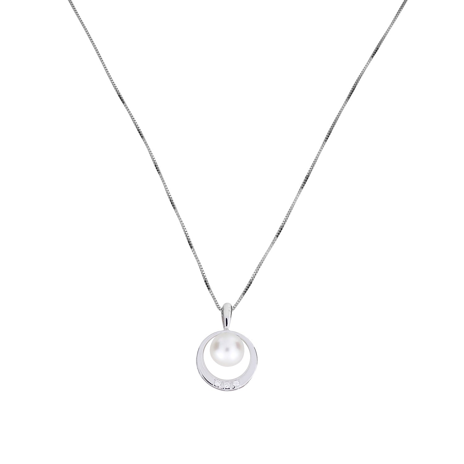 9 Carat White Gold, Pearl and Diamond Circle Pendant
