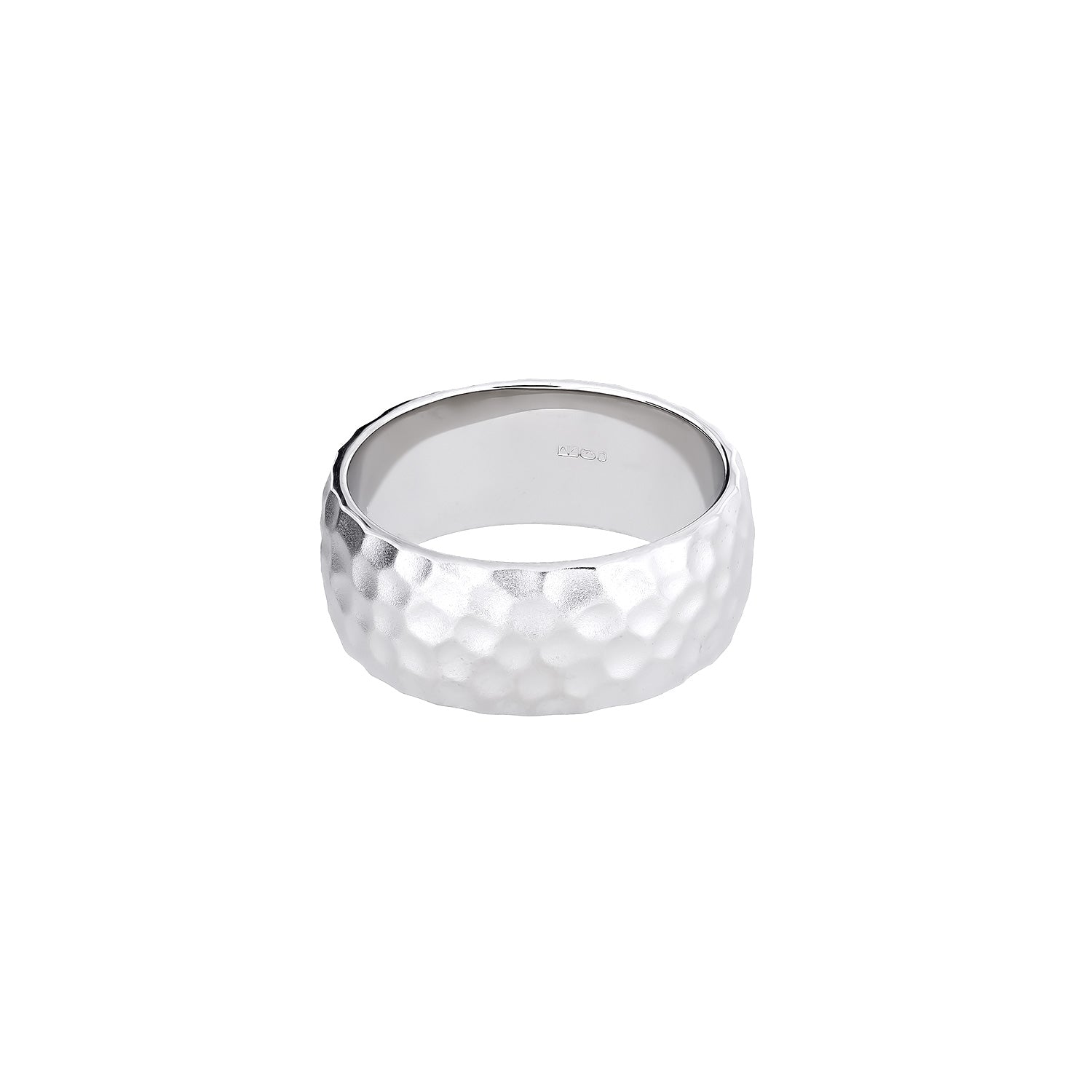 Wide sterling silver ring with a satin hammered finish, showcasing a textured and sculptural design crafted by an award-winning British jeweller.