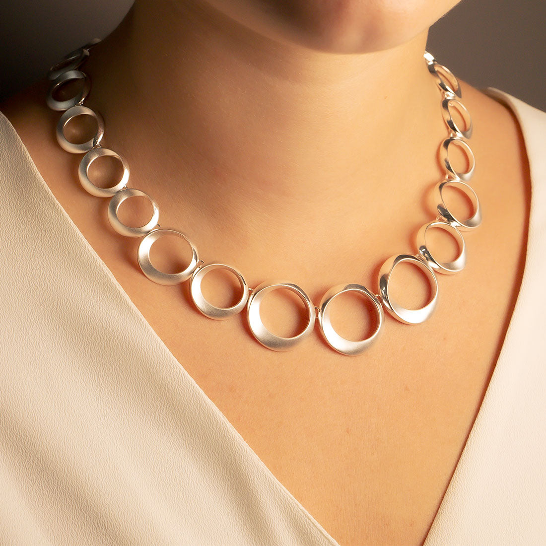 Silver Satin & Polished Circle Links Necklace