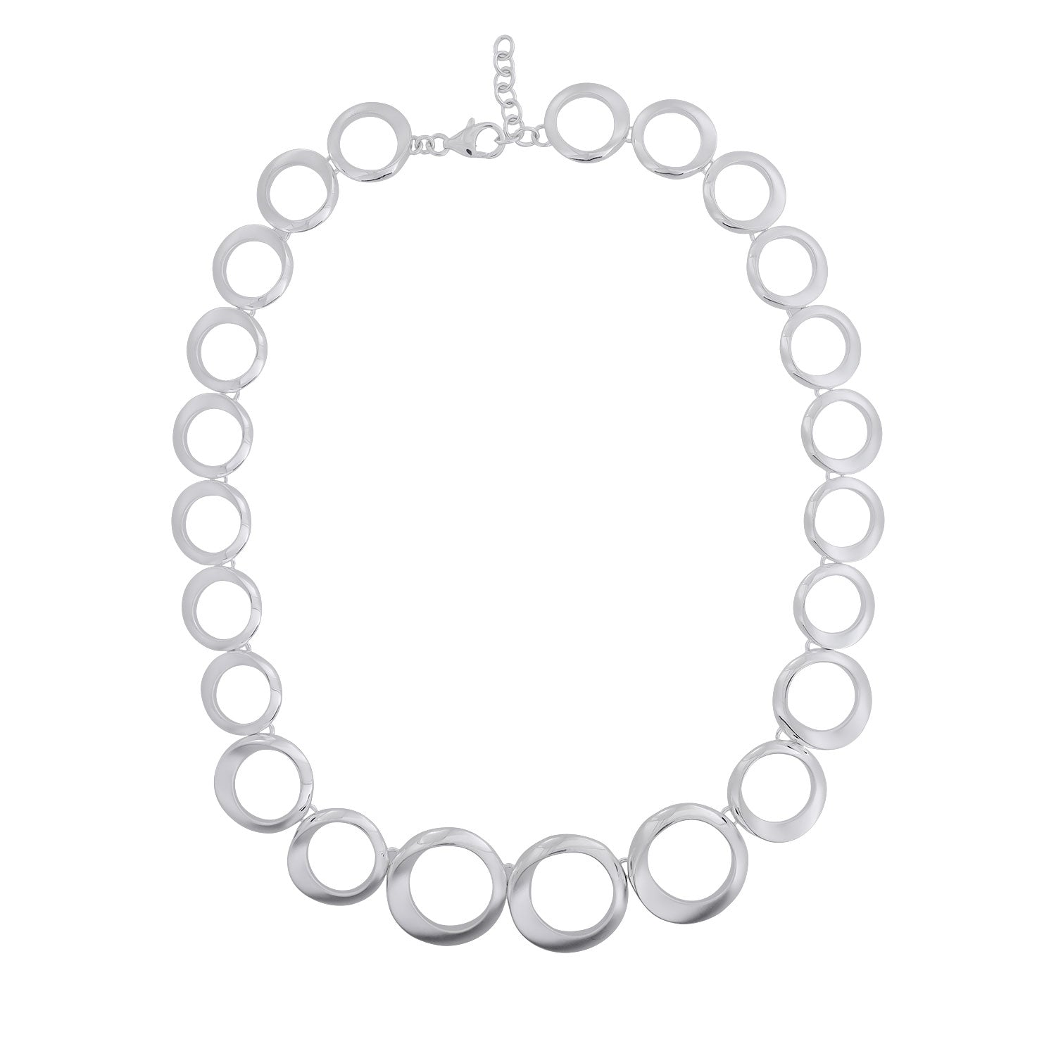 Necklace featuring graduated circle links with alternating satin and polished finishes in sterling silver, presenting a modern, sculptural design for refined silver jewellery.
