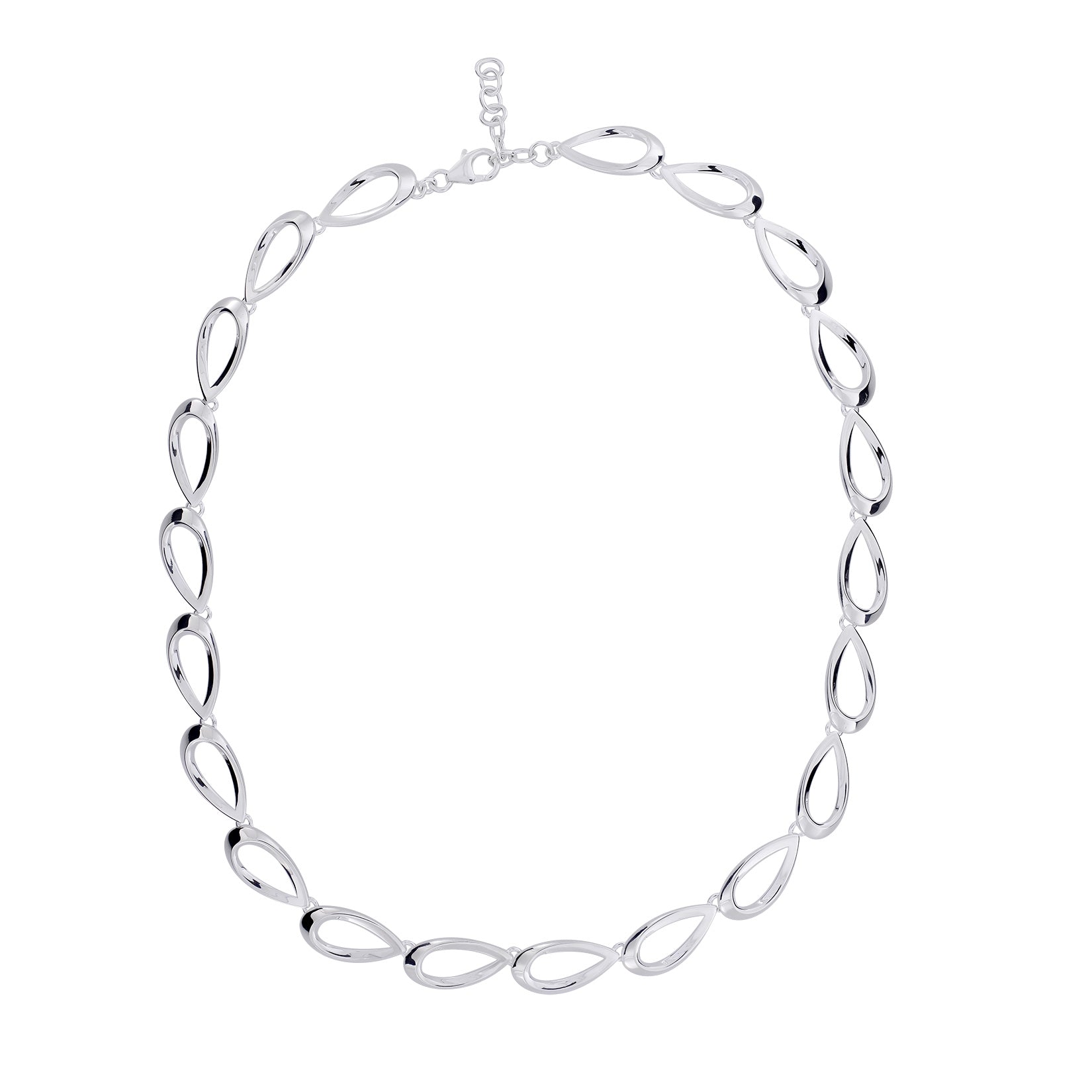 Polished sterling silver necklace composed of linked teardrop-shaped elements, featuring a fluid and sculptural design with a sleek finish for contemporary sterling silver jewellery.
