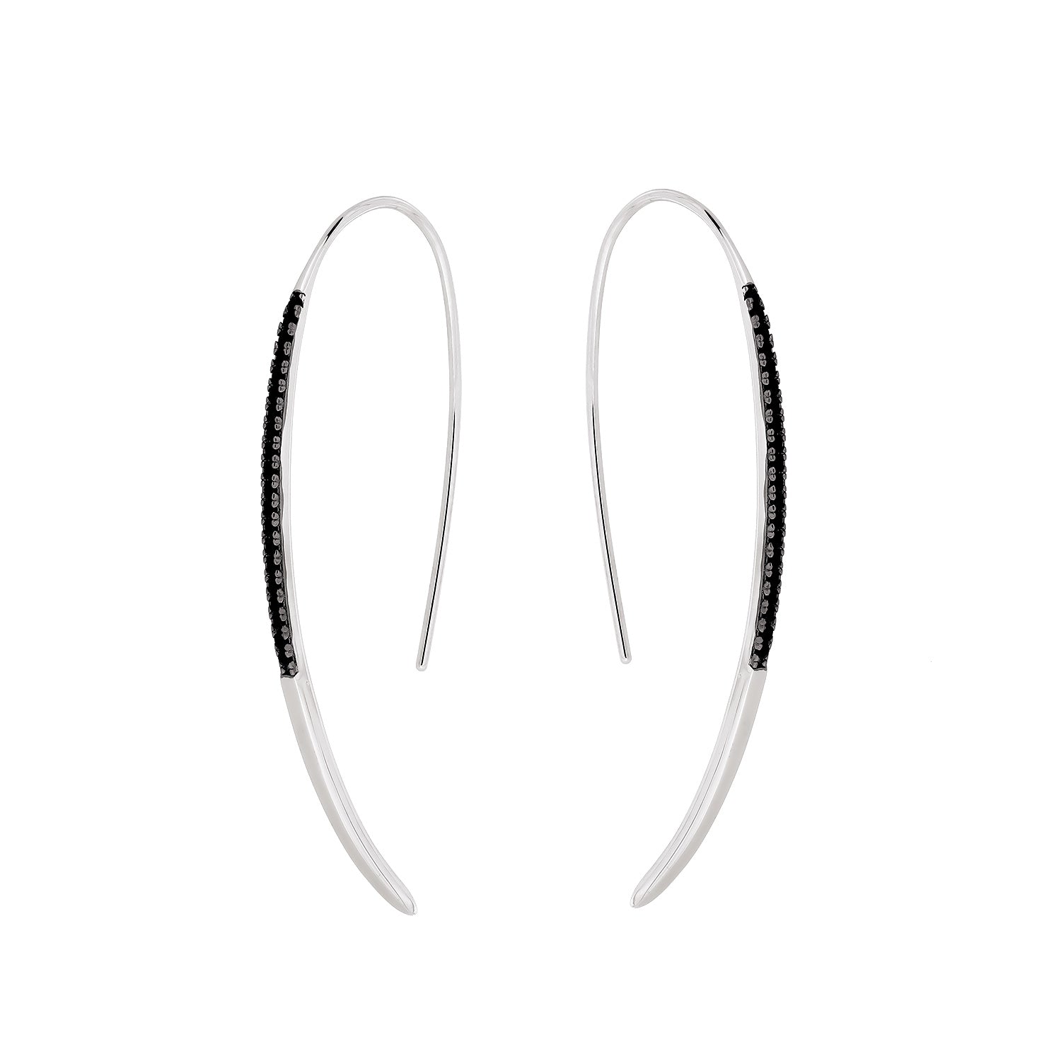 Pair of slender sterling silver hook earrings accented with a row of black pavé stones, showcasing a refined and elegant design by a British silver jewellery brand.