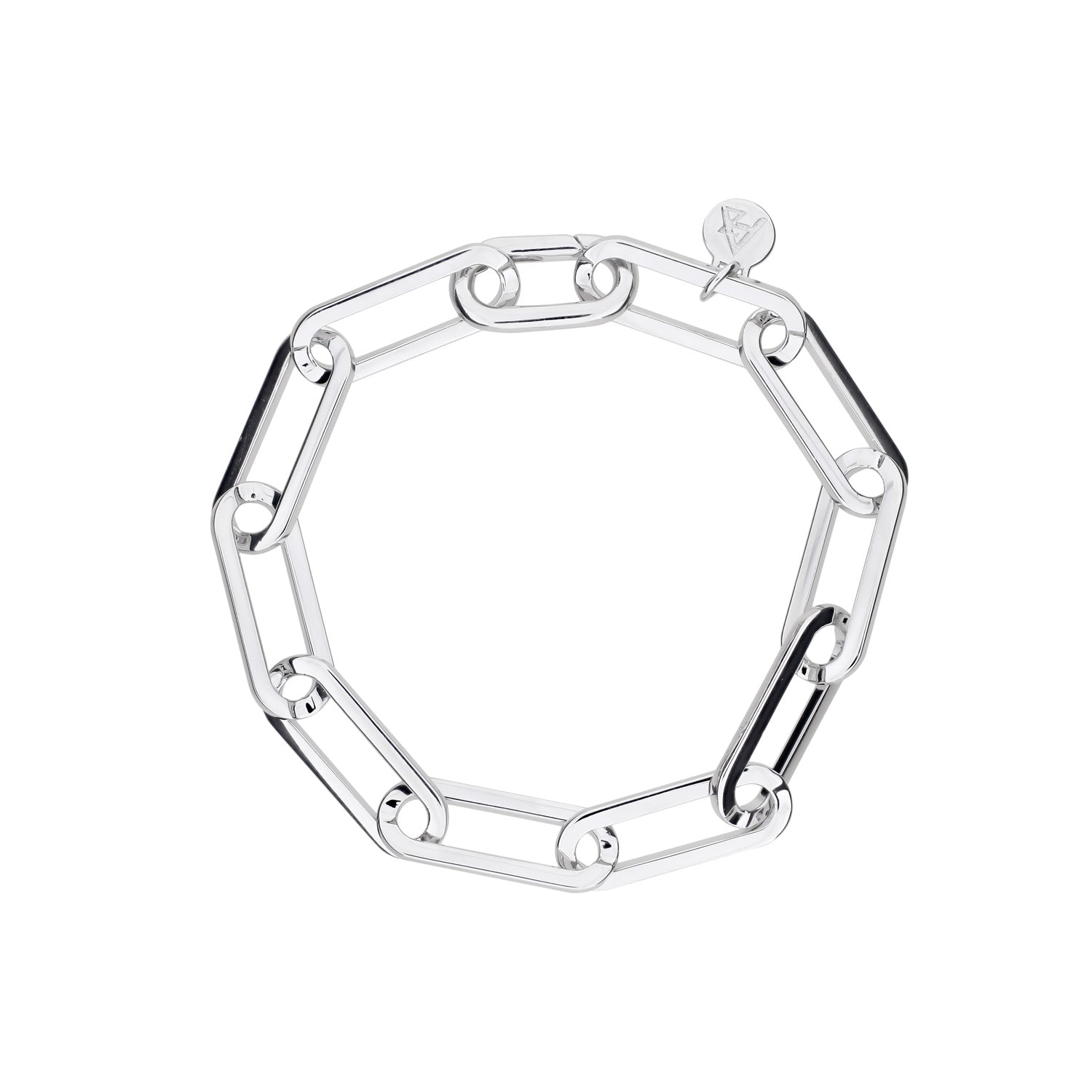 Sterling silver bracelet featuring elongated squared links with a polished finish, offering a sculptural and contemporary design by a British jewellery brand.