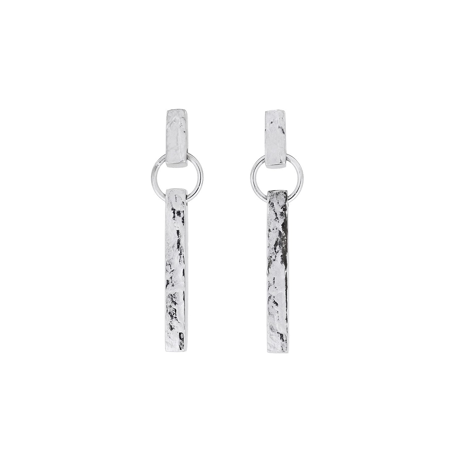 Pair of sterling silver drop earrings featuring hammered textured vertical bars suspended from small circular links, showcasing a modern sculptural design.