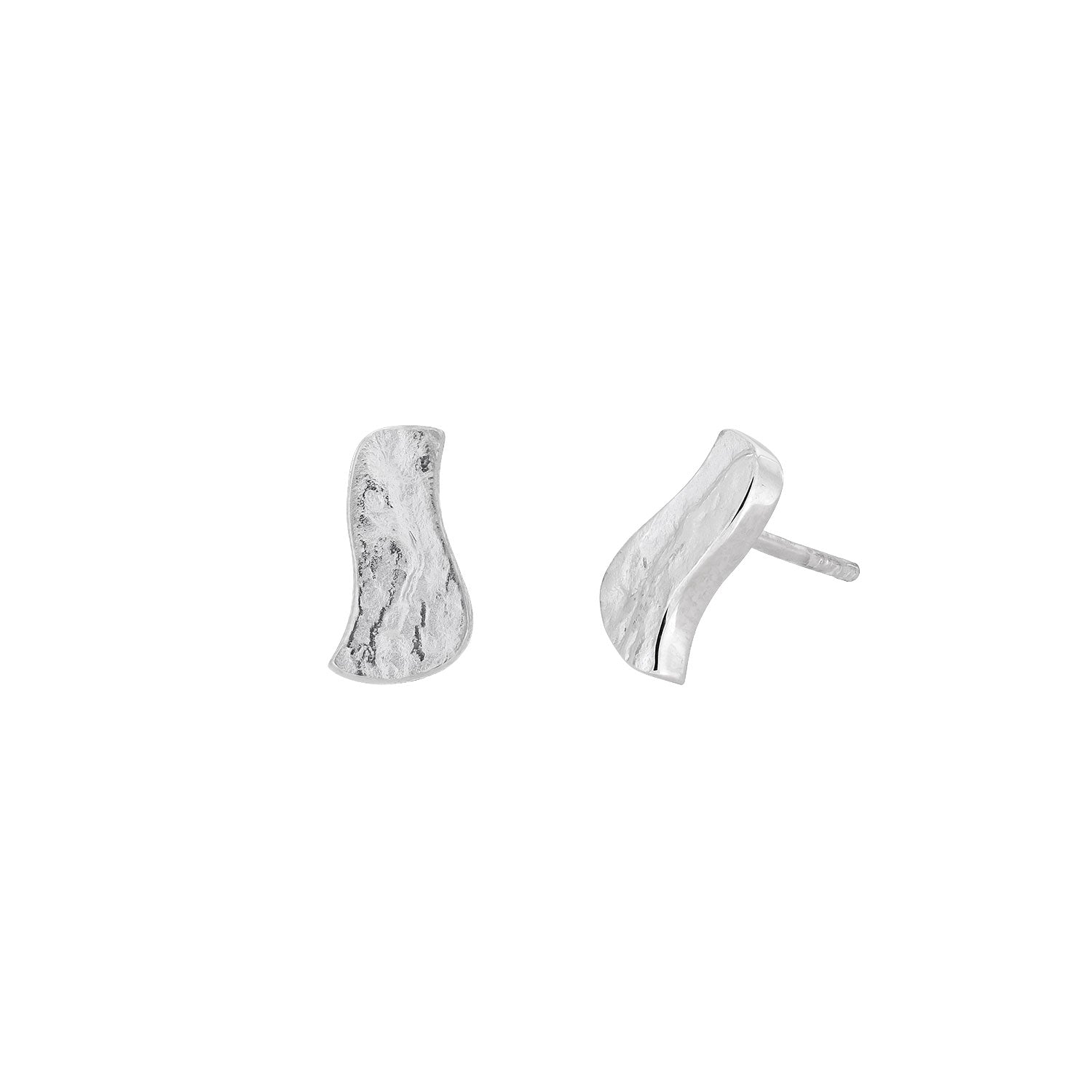 Sterling silver stud earrings with a sculptural, textured design inspired by natural water formations, showcasing smooth and hammered surfaces for a contemporary look.