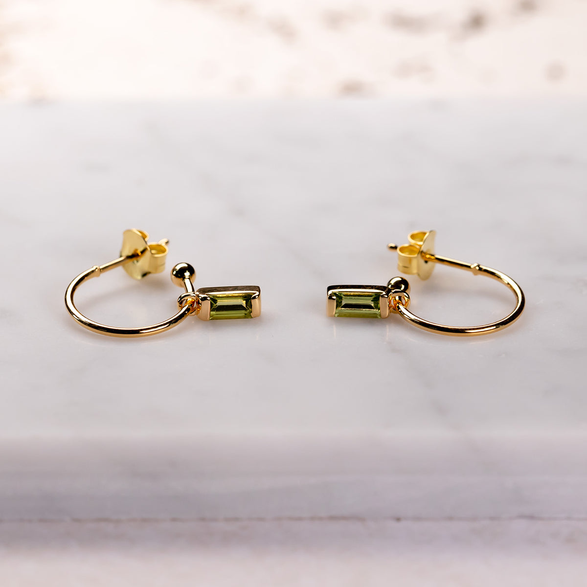 Gold Vermeil Peridot Baguette Mini Hoop Earrings