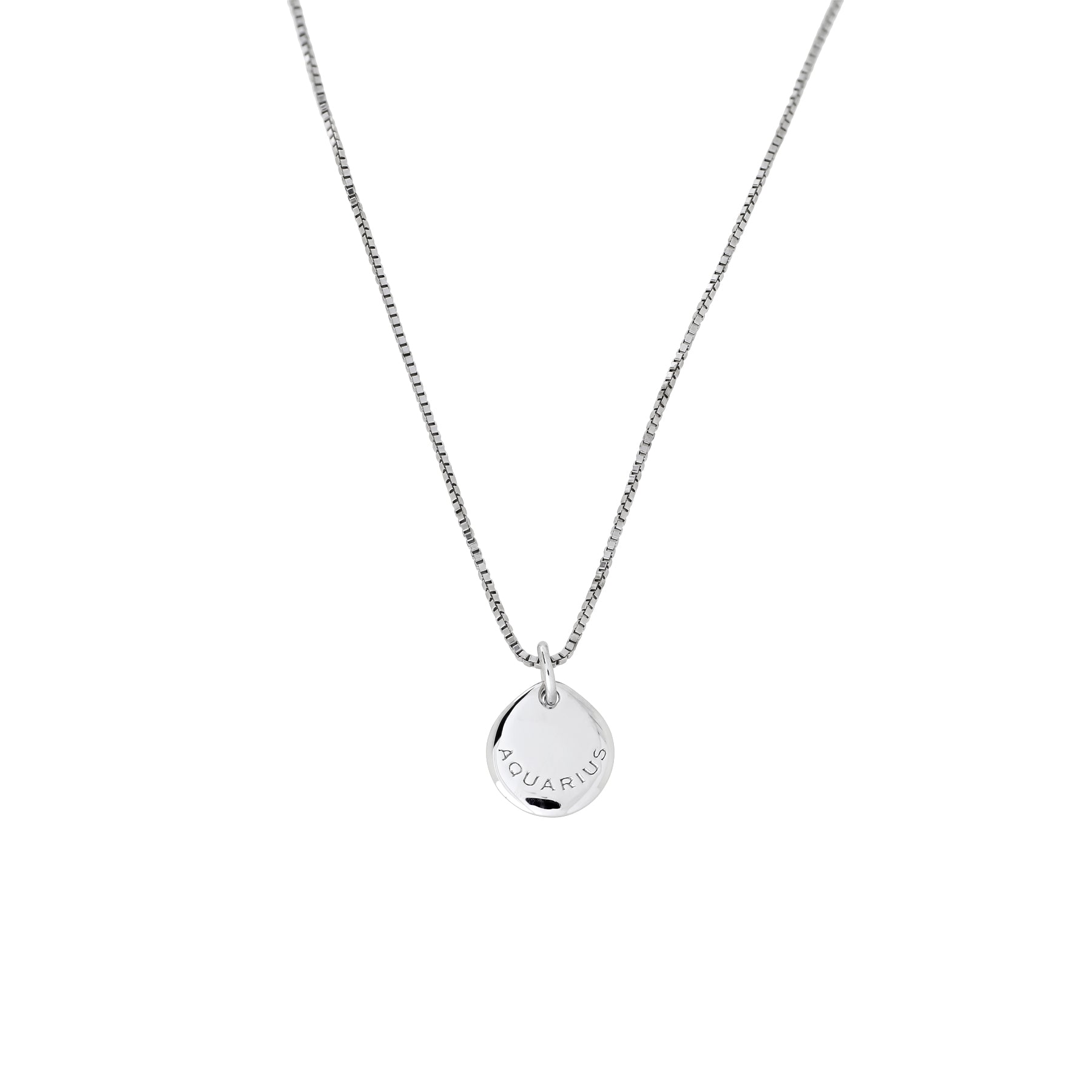 Delicate sterling silver necklace featuring a round Aquarius zodiac pendant with engraved lettering, suspended from a fine chain against a clean white background.