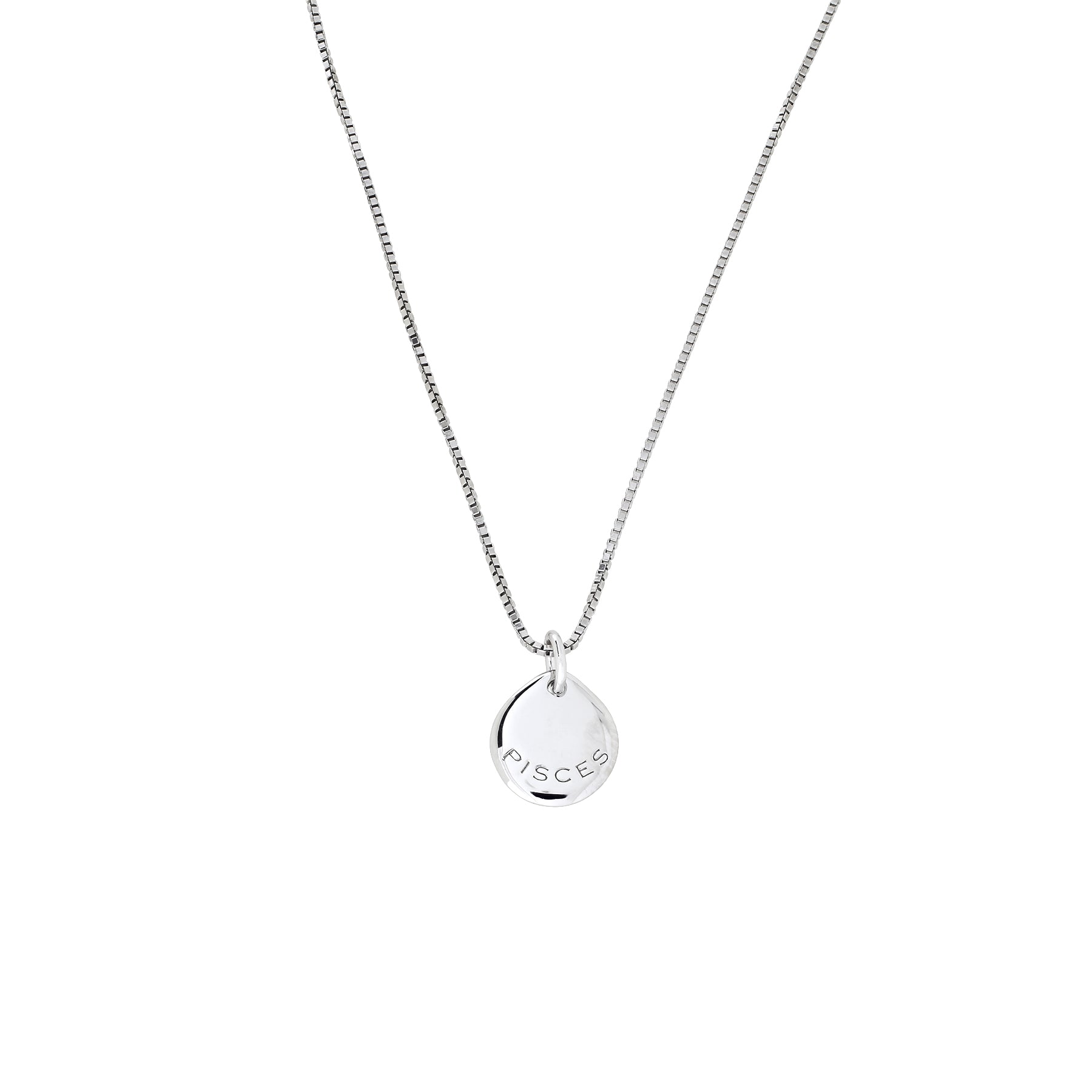 Delicate sterling silver necklace featuring a smooth, polished pendant engraved with the word Pisces, suspended on a fine chain for a refined, contemporary look.