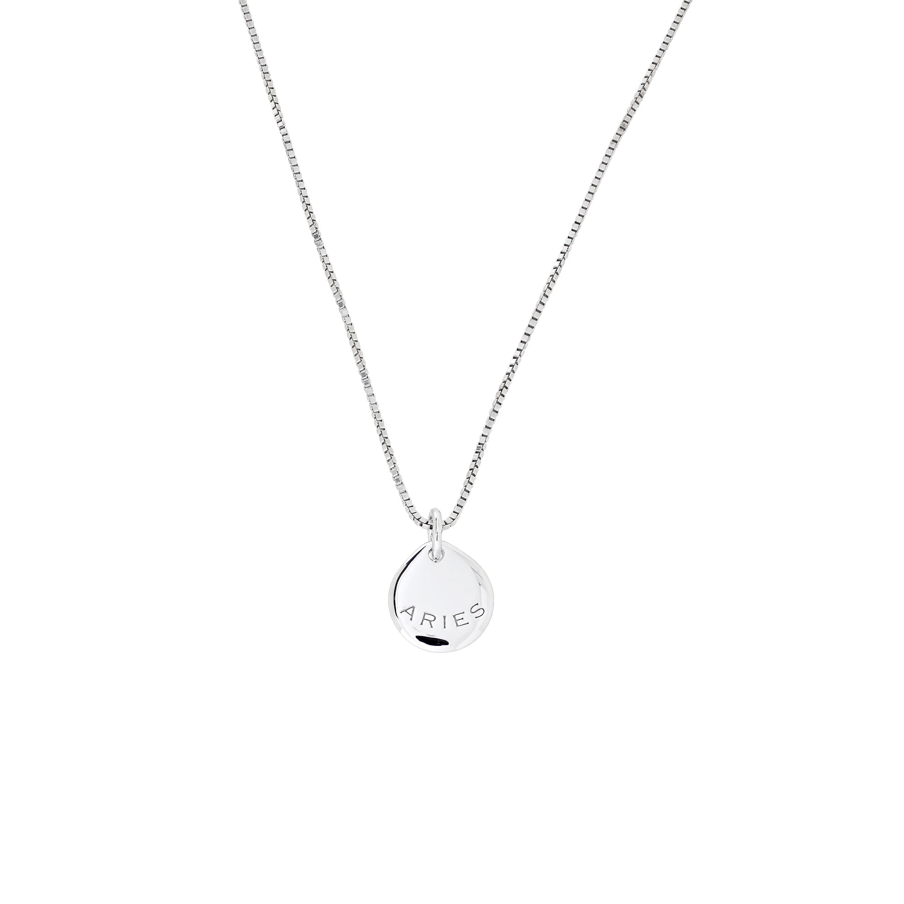 Sterling silver necklace featuring a small round Aries zodiac pendant with a polished finish, suspended from a delicate fine chain on a white background.