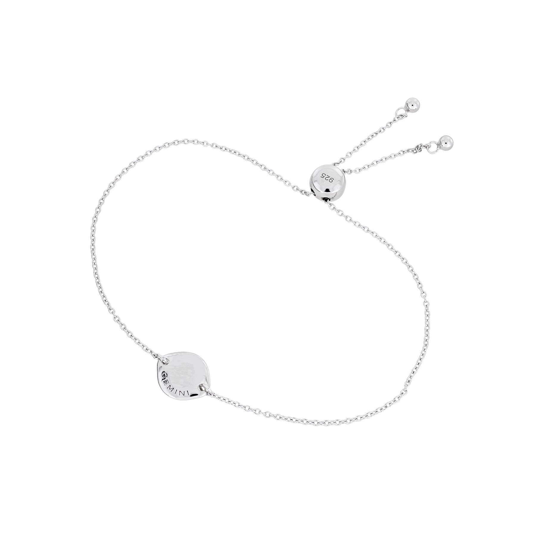 Delicate sterling silver adjustable bracelet featuring a smooth disc engraved with the Gemini zodiac sign, finished with a sliding bead for customizable fit.