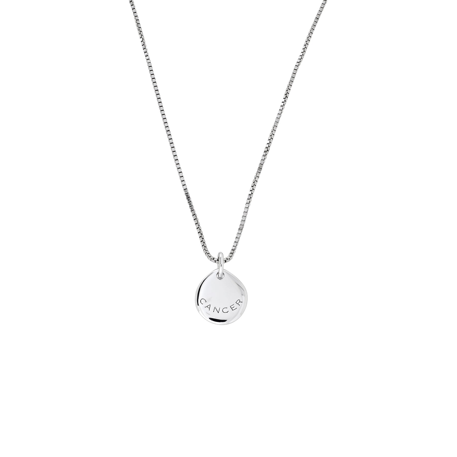 Delicate sterling silver pendant engraved with the Cancer zodiac symbol, suspended from a fine chain, showcasing understated elegance in a contemporary design.
