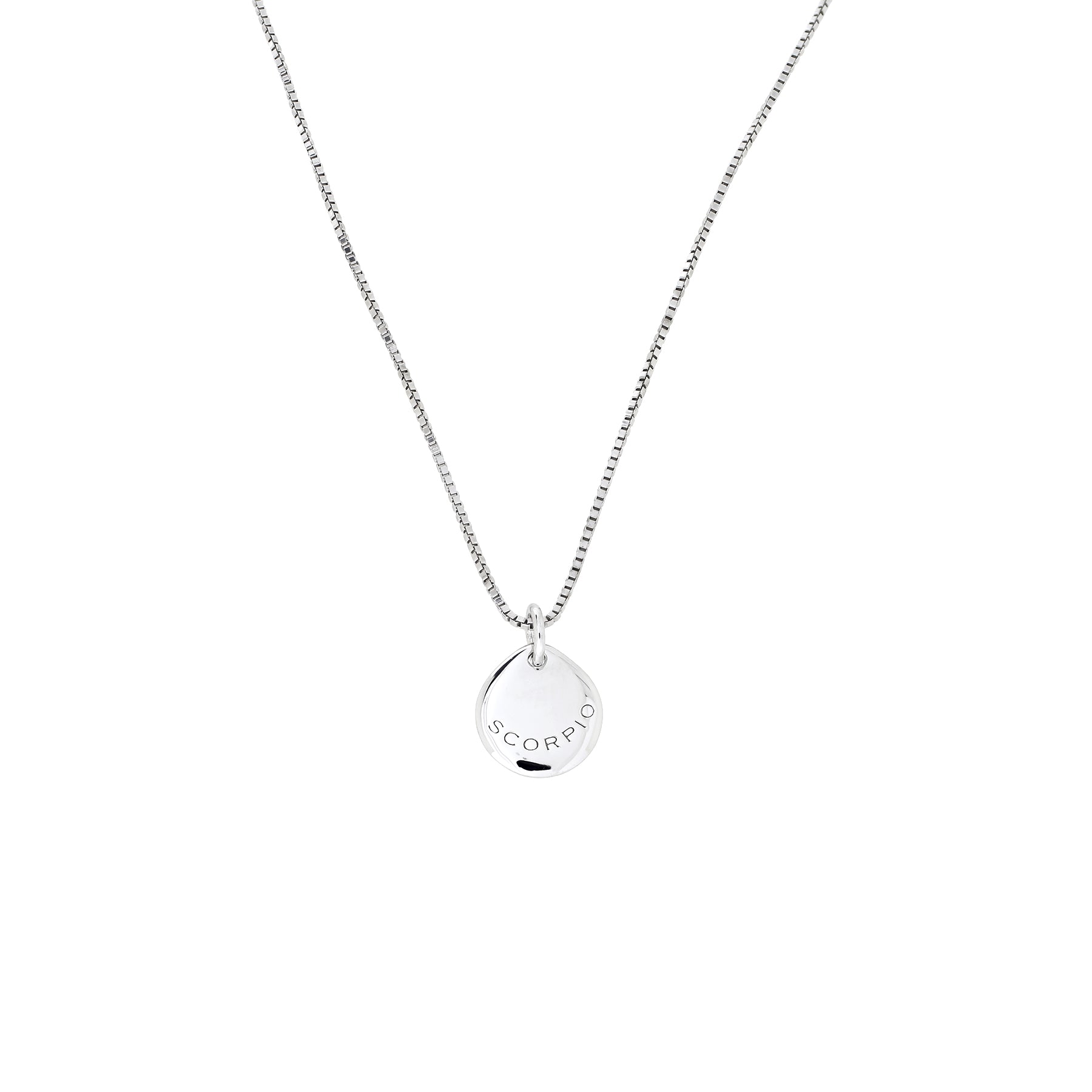 Sterling silver necklace featuring a polished round pendant engraved with the word Scorpio, suspended from a fine silver chain against a white background.