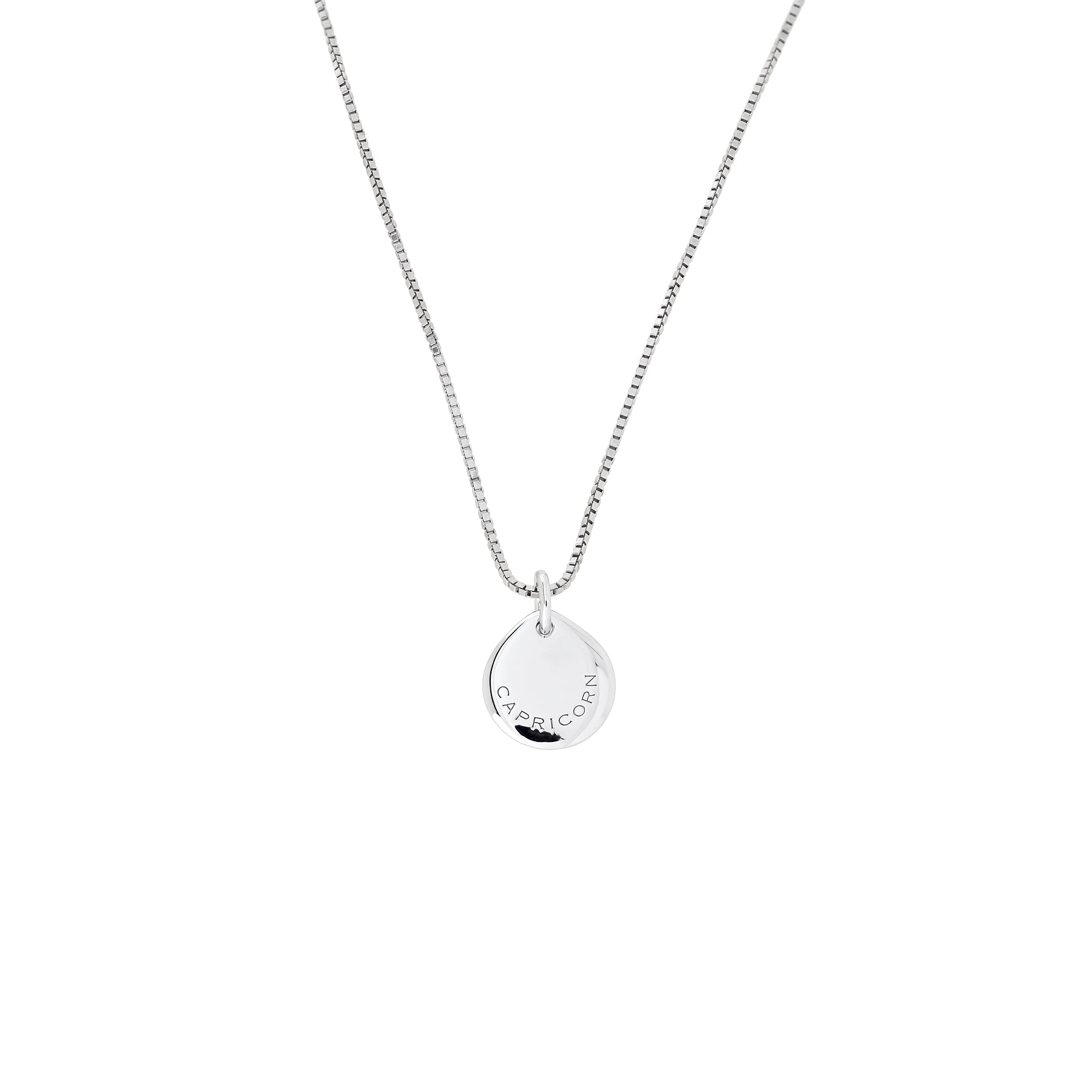 Delicate sterling silver pendant engraved with the Capricorn zodiac sign, hanging from a fine silver chain, showcasing elegant minimalism and refined craftsmanship.