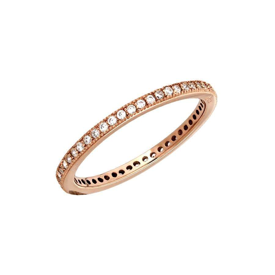 Rose gold vermeil eternity ring featuring a continuous row of pavé-set stones, showcasing a slender and refined design in sterling silver jewellery by Azendi.