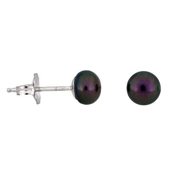 Pair of polished sterling silver stud earrings featuring lustrous peacock-colored pearls, combining classic elegance with a distinctive modern touch in silver jewellery design.