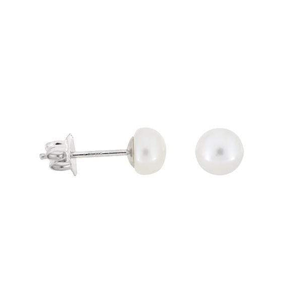 Pair of white pearl stud earrings set in polished sterling silver, featuring a classic and elegant design that highlights timeless silver jewellery craftsmanship.