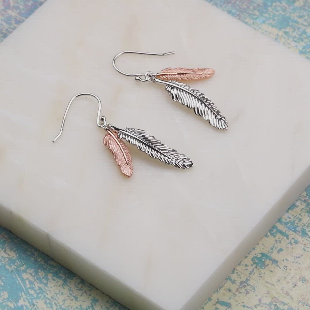 Curving Double Feather Drop Earrings - Silver & Rose Gold Vermeil
