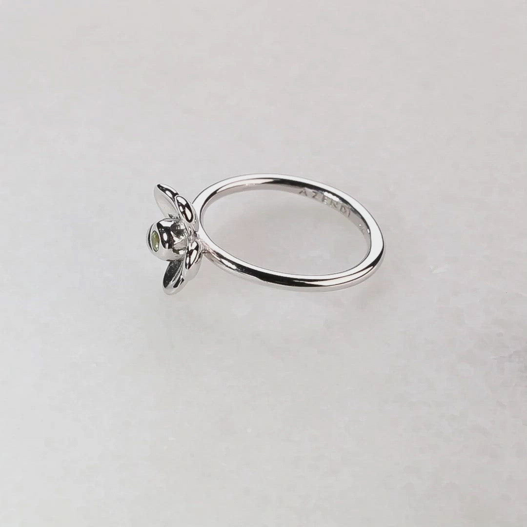 Silver Flower Ring with Peridot  Stone