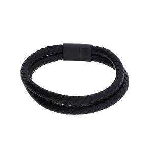 Black Double Strand Leather & Steel Men's Bracelet
