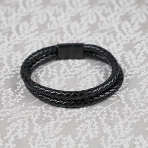 Black Double Strand Leather & Steel Men's Bracelet