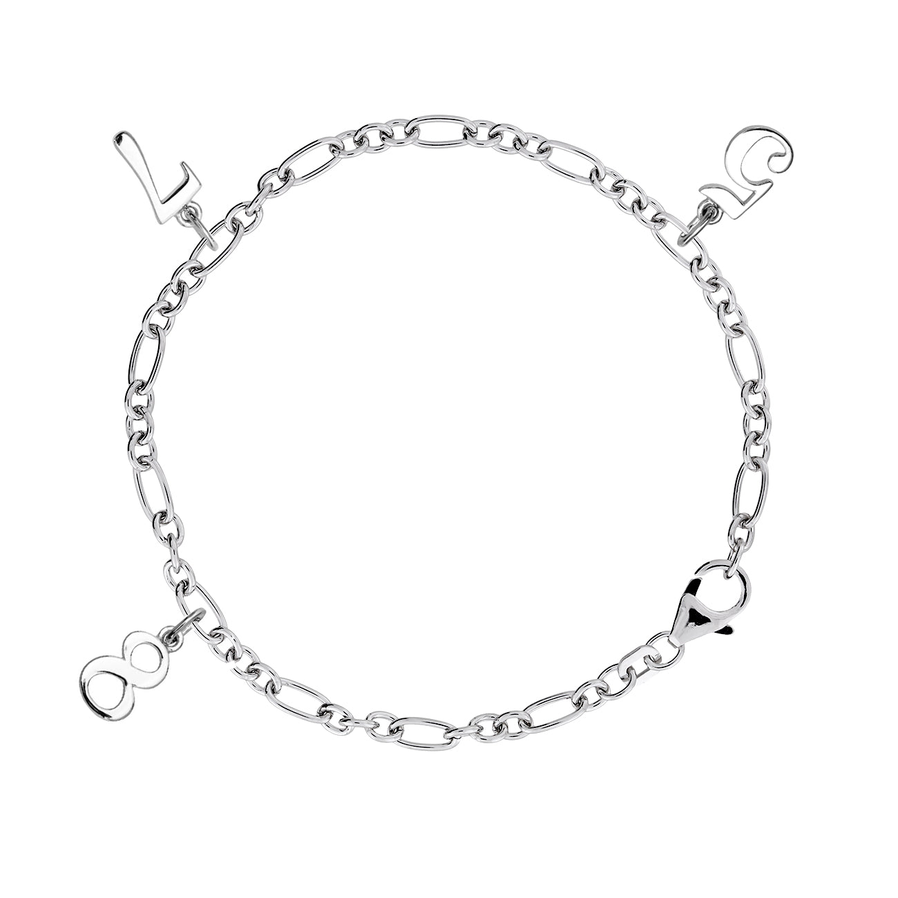 Delicate sterling silver bracelet featuring open link chain design with three distinctive charms, showcasing a contemporary and sculptural style in fine silver jewellery.