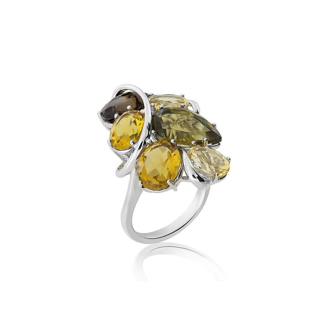 Sterling silver ring featuring a sculptural cluster of faceted citrine and smoky quartz stones in varied shapes, showcasing contemporary elegance in designer jewellery.