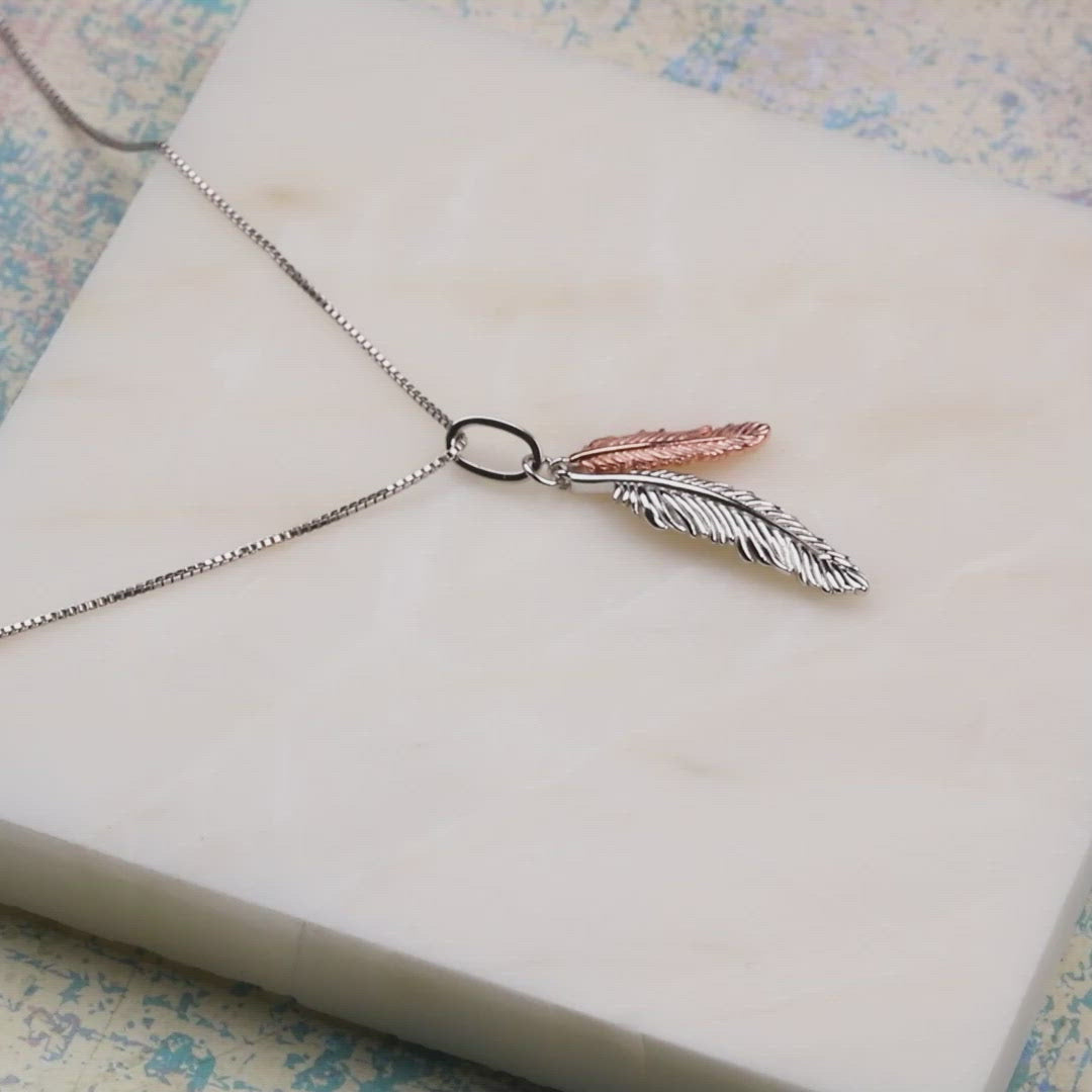 Curving Double Feather Pendant - Silver & Rose Gold Vermeil