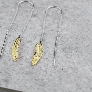Silver & Yellow Gold Vermeil Feather Threader Earrings