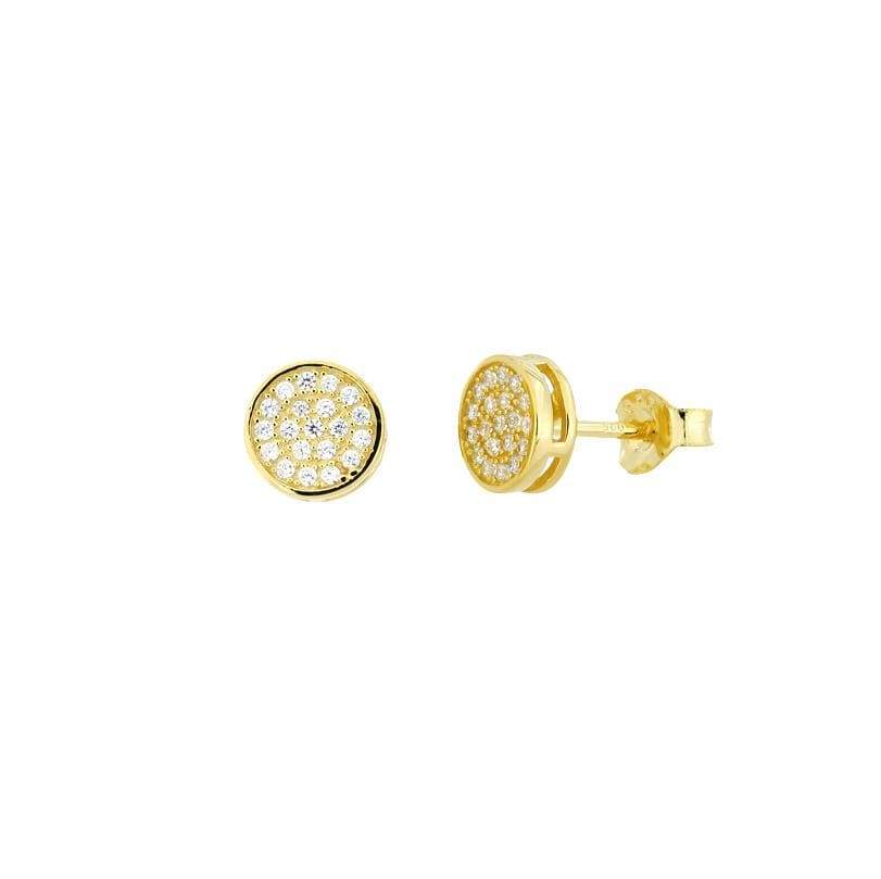 Pair of gold vermeil disc stud earrings featuring pavé-set stones for a refined and elegant look, showcasing contemporary sterling silver jewellery design by Azendi.