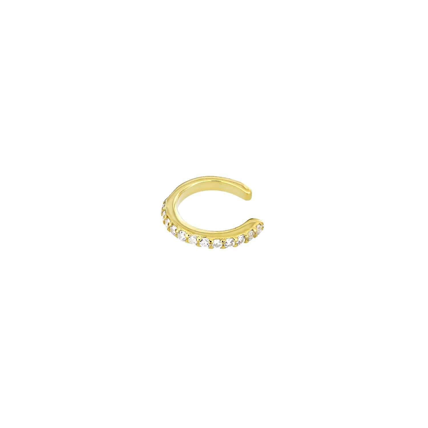 Delicate gold vermeil upper ear cuff adorned with a row of sparkling clear stones, combining refined elegance with a contemporary silhouette in designer silver jewellery.