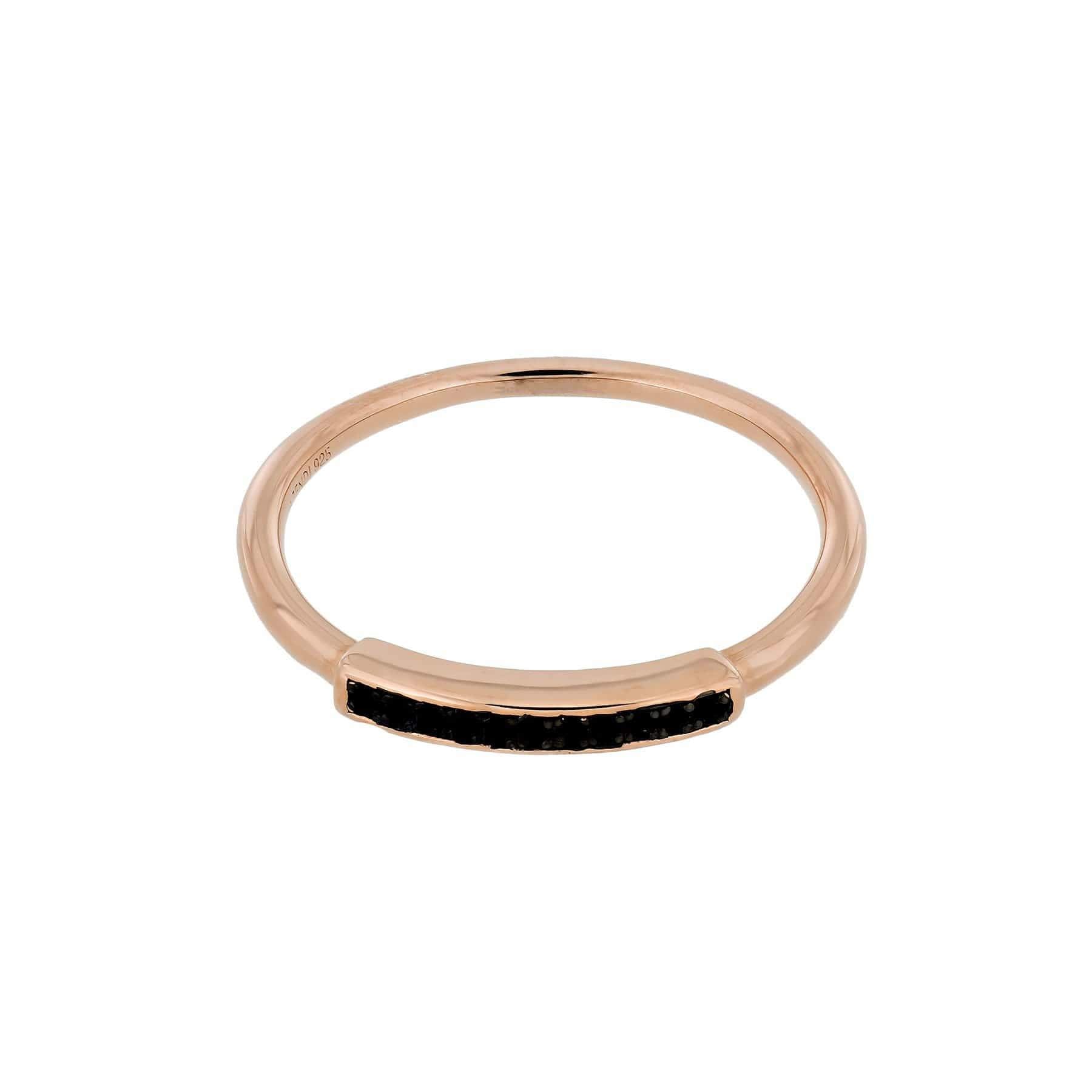Delicate rose gold vermeil ring featuring a slender bar set with small black stones, showcasing refined craftsmanship in contemporary Azendi silver jewellery design.