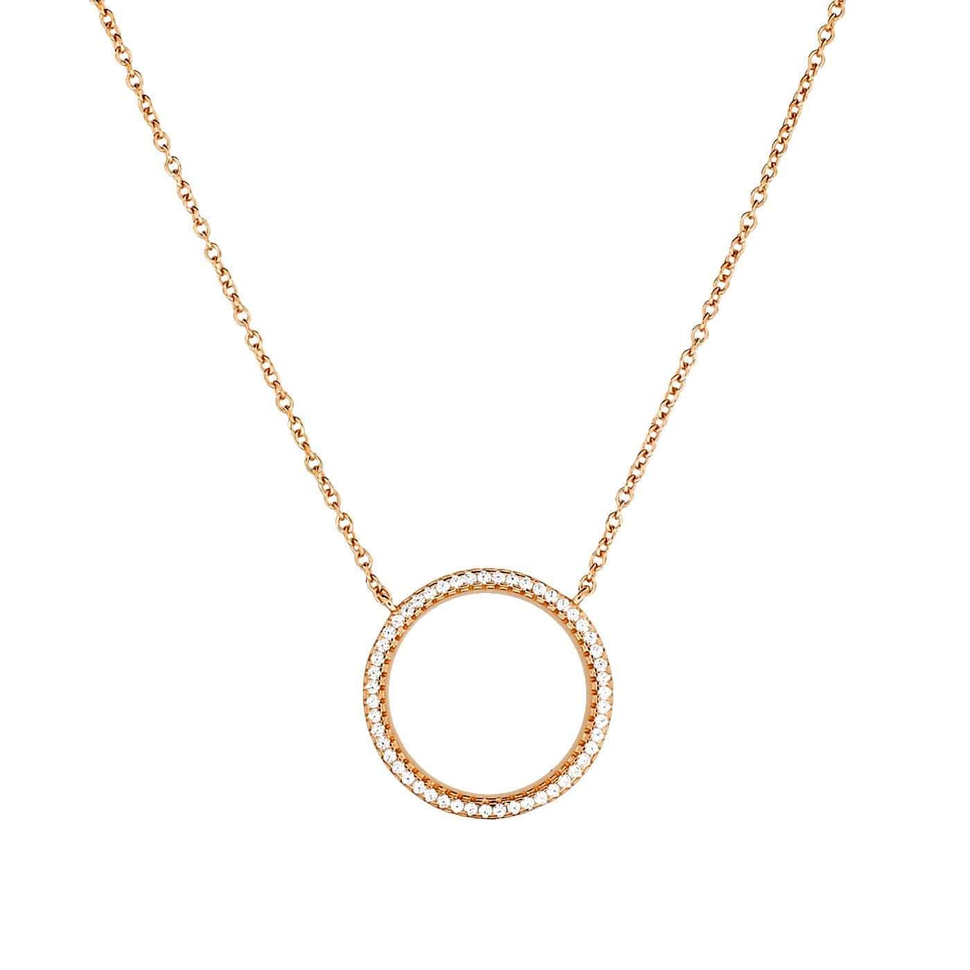 Delicate rose gold vermeil necklace featuring an open circle pendant adorned with pavé-set stones, suspended on an adjustable sterling silver chain.