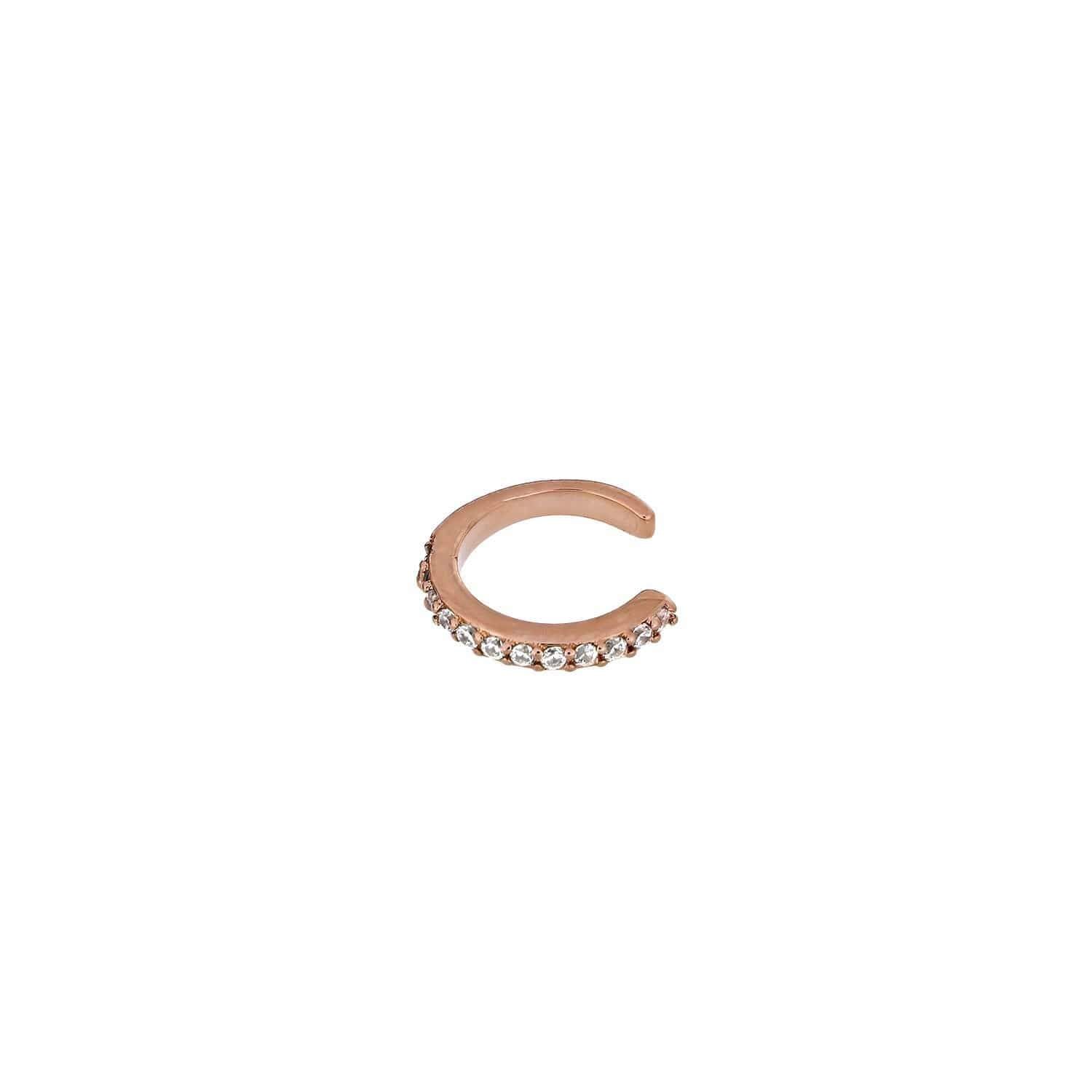 Delicate rose gold vermeil upper ear cuff adorned with a row of sparkling clear stones, offering a modern and sculptural accent for versatile silver jewellery styling.