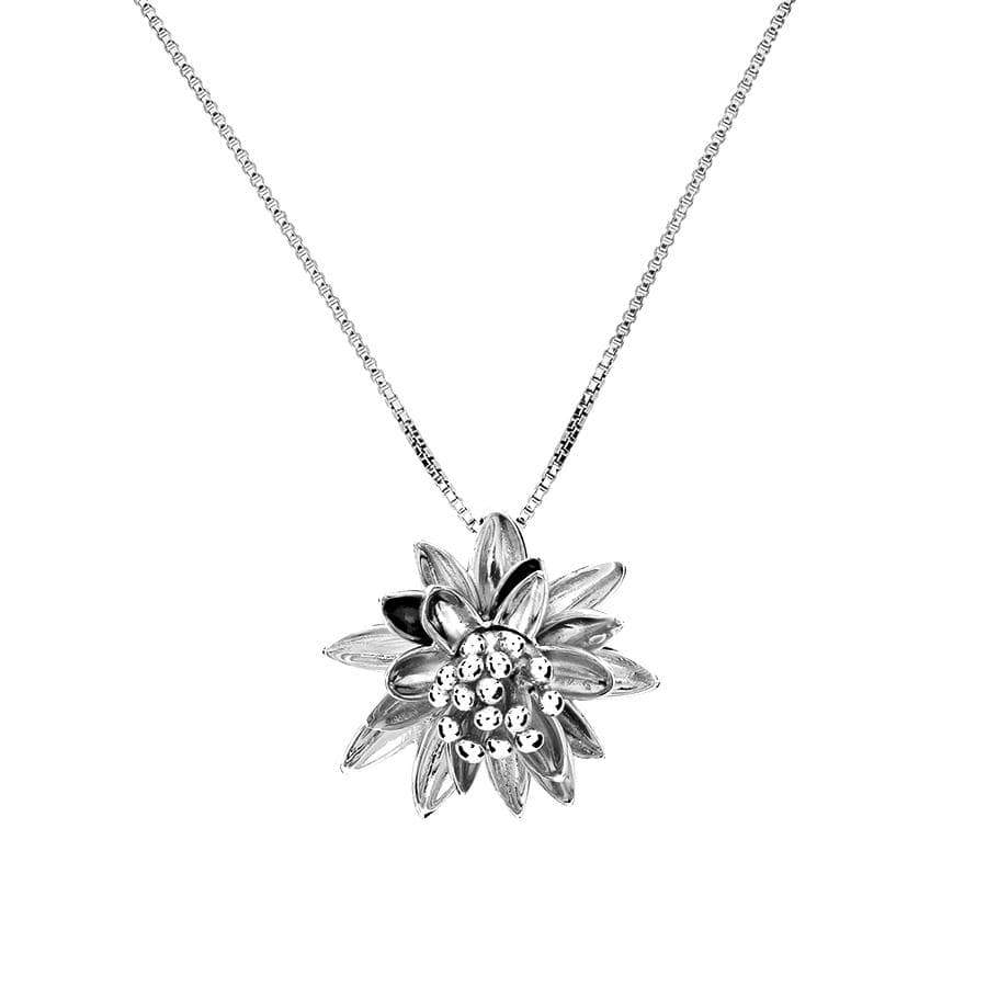 Sterling silver pendant inspired by a water lily flower, featuring intricate sculptural petals and textured center, suspended on a fine chain for refined elegance.