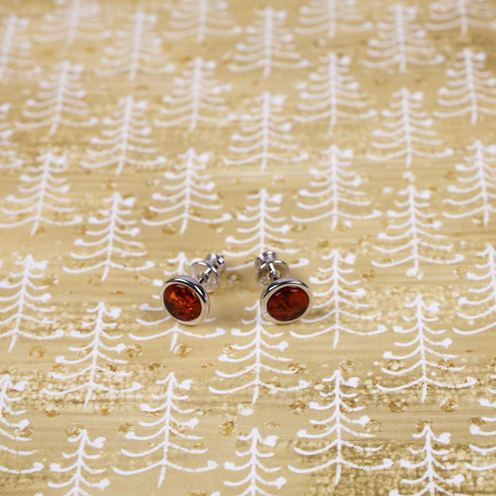 Silver & Amber Small Button Studs; 6mm