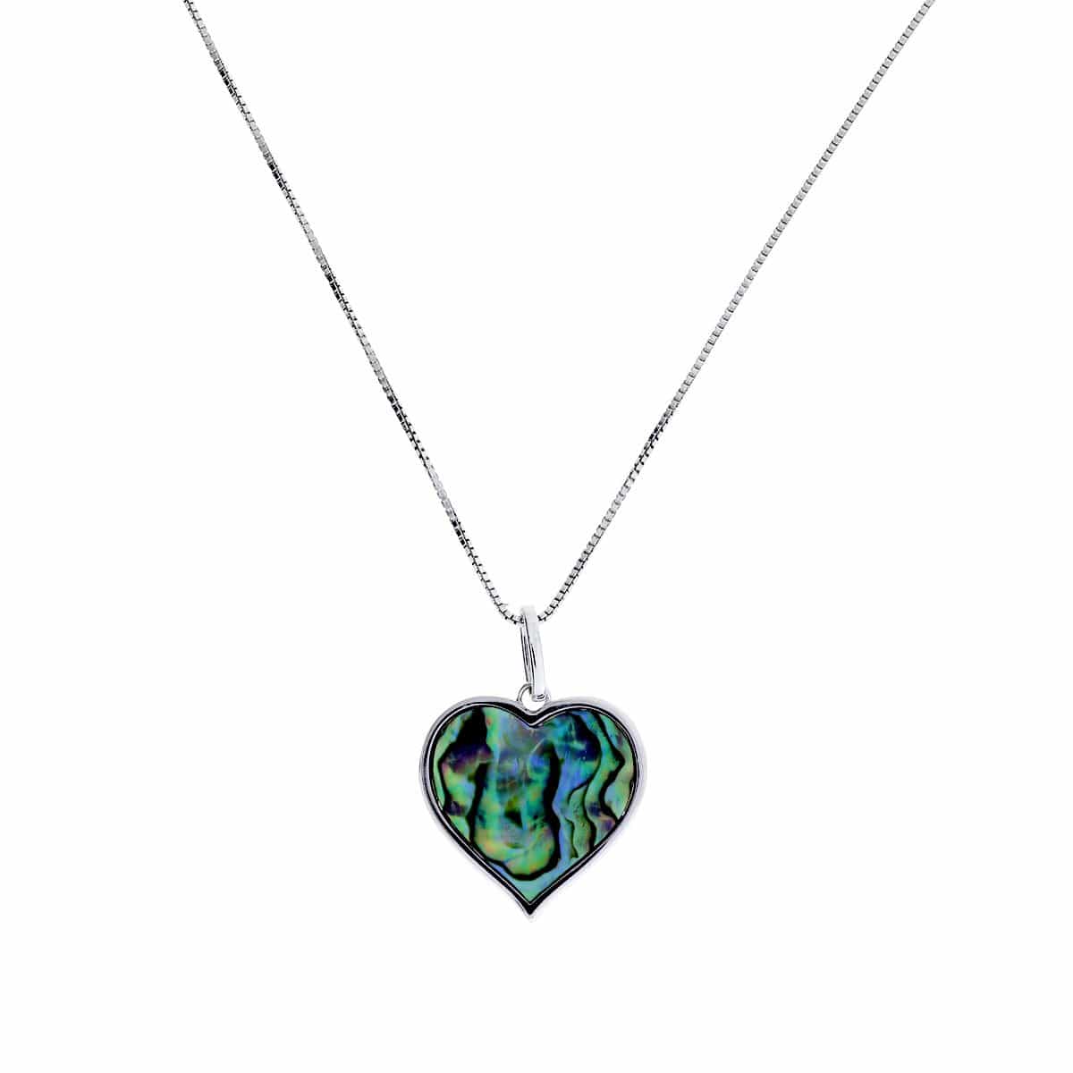 Heart-shaped silver pendant featuring a polished abalone shell with iridescent blue and green hues, suspended on a fine sterling silver chain for elegant wear.